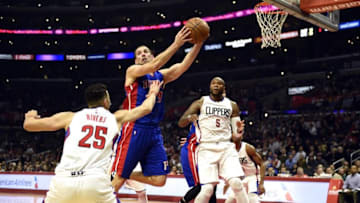 Nov 7, 2016; Los Angeles, CA, USA; Detroit Pistons forward Marcus Morris (13) shoots the ball against Los Angeles Clippers guard Austin Rivers (25) during the second quarter at Staples Center. Mandatory Credit: Richard Mackson-USA TODAY Sports