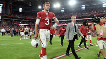 GLENDALE, AZ - SEPTEMBER 23: Quarterback Josh Rosen #3 of the Arizona Cardinals walks off the field after the NFL game against the Chicago Bears at State Farm Stadium on September 23, 2018 in Glendale, Arizona. The Chicago Bears won 16-14. (Photo by Jennifer Stewart/Getty Images)