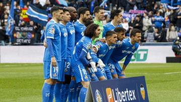 GETAFTE, SPAIN - FEBRUARY 8: teamphoto of Getafe CF (L-R) Jorge Molina of Getafe CF, Olivera of Getafe CF, Nyom of Getafe CF, Etxeita of Getafe CF, Dakonam Djene of Getafe CF, David Soria of Getafe CF, Jaime Mata of Getafe CF, Cucurella of Getafe CF, Mauro Arambarri of Getafe CF, Damian Suarez of Getafe CF, Maksimovic of Getafe CF during the La Liga Santander match between Getafe v Valencia at the Coliseum Alfonso Perez on February 8, 2020 in Getafte Spain (Photo by David S. Bustamante/Soccrates/Getty Images)
