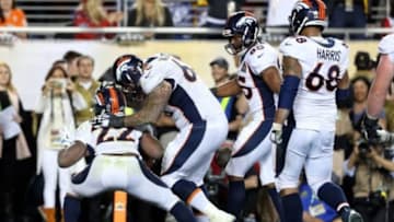 Feb 7, 2016; Santa Clara, CA, USA; Denver Broncos running back C.J. Anderson (22) celebrates after scoring a touchdown during the fourth quarter against the Carolina Panthers in Super Bowl 50 at Levi