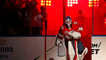 SUNRISE, FL - APRIL 4: Goaltender Sam Montembeault #33 of the Florida Panthers skates out to the ice for introductions prior to the start of their game against the New York Islanders at the BB&T Center on April 4, 2019 in Sunrise, Florida. (Photo by Eliot J. Schechter/NHLI via Getty Images)