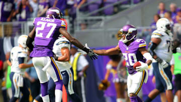 MINNEAPOLIS, MN - AUGUST 28: Mackensie Alexander #20 of the Minnesota Vikings celebrates an interception with Jayron Kearse #27 in the fourth quarter against the San Diego Chargers at US Bank stadium on August 28, 2016 in Minneapolis, Minnesota. (Photo by Adam Bettcher/Getty Images)