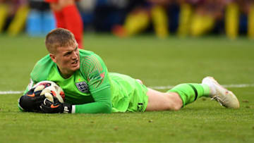 SAMARA, RUSSIA - JULY 07: Jordan Pickford of England looks on after a save during the 2018 FIFA World Cup Russia Quarter Final match between Sweden and England at Samara Arena on July 7, 2018 in Samara, Russia. (Photo by Matthias Hangst/Getty Images)