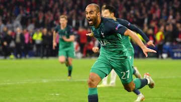 AMSTERDAM, NETHERLANDS - MAY 08: Lucas Moura of Tottenham Hotspur celebrates after scoring his team's third goal during the UEFA Champions League Semi Final second leg match between Ajax and Tottenham Hotspur at the Johan Cruyff Arena on May 08, 2019 in Amsterdam, Netherlands. (Photo by Dan Mullan/Getty Images )
