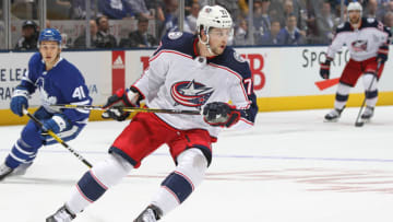 TORONTO, ON - OCTOBER 21: Josh Anderson #77 of the Columbus Blue Jackets skates against the Toronto Maple Leafs during an NHL game at Scotiabank Arena on October 21, 2019 in Toronto, Ontario, Canada. The Blue Jackets defeated the Maple Leafs 4-3 in overtime. (Photo by Claus Andersen/Getty Images)