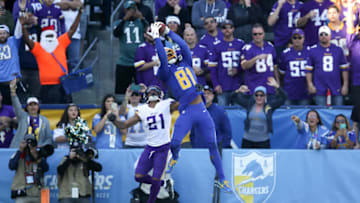 CARSON, CA - DECEMBER 15: Mike Williams #81 of the Los Angeles Chargers catches a touchdown pass during the game against the Minnesota Vikings at Dignity Health Sports Park on December 15, 2019 in Carson, California. The Vikings defeated the Chargers 39-10. (Photo by Rob Leiter via Getty Images)