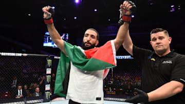 UTICA, NY - JUNE 01: Belal Muhammad celebrates after defeating Chance Rencountre in their welterweight fight during the UFC Fight Night event at the Adirondack Bank Center on June 1, 2018 in Utica, New York. (Photo by Josh Hedges/Zuffa LLC/Zuffa LLC via Getty Images)