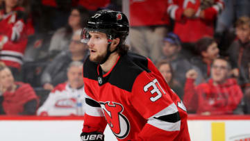 NEWARK, NEW JERSEY - NOVEMBER 21: Pavel Zacha #37 of the New Jersey Devils celebrates his second goal of the game against the Montreal Canadiens at Prudential Center on November 21, 2018 in Newark, New Jersey. (Photo by Elsa/Getty Images)