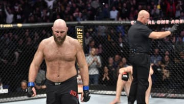 WASHINGTON, DC - DECEMBER 07: (L-R) Ben Rothwell celebrates his TKO victory over Stefan Struve of Netherlands in their heavyweight bout during the UFC Fight Night event at Capital One Arena on December 07, 2019 in Washington, DC. (Photo by Jeff Bottari/Zuffa LLC via Getty Images)