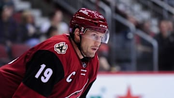 Oct 30, 2015; Glendale, AZ, USA; Arizona Coyotes right wing Shane Doan (19) looks on during the face off during the third period against the Vancouver Canucks at Gila River Arena. Mandatory Credit: Matt Kartozian-USA TODAY Sports