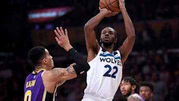 LOS ANGELES, CA - NOVEMBER 07: Andrew Wiggins #22 of the Minnesota Timberwolves shoots a jumper over Kyle Kuzma #0 of the Los Angeles Lakers during the first half at Staples Center on November 7, 2018 in Los Angeles, California. NOTE TO USER: User expressly acknowledges and agrees that, by downloading and or using this photograph, User is consenting to the terms and conditions of the Getty Images License Agreement. (Photo by Harry How/Getty Images)