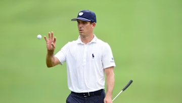GREENSBORO, NORTH CAROLINA - AUGUST 15: Billy Horschel of the United States catches his ball on the 18th green during the third round of the Wyndham Championship at Sedgefield Country Club on August 15, 2020 in Greensboro, North Carolina. (Photo by Jared C. Tilton/Getty Images)