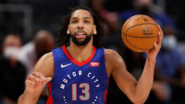Apr 29, 2021; Detroit, Michigan, USA; Detroit Pistons center Jahlil Okafor (13) holds the ball during the fourth quarter against the Dallas Mavericks at Little Caesars Arena. Mandatory Credit: Raj Mehta-USA TODAY Sports