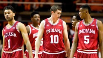 Jan 18, 2015; Champaign, IL, USA; Indiana Hoosiers guard James Blackmon Jr. (1), forward Ryan Burton (10), and forward Troy Williams (5) prepare for an inbounds play against the Illinois Fighting Illini at State Farm Center. Indiana beat Illinois 80 to 74. Mandatory Credit: Mike Granse-USA TODAY Sports