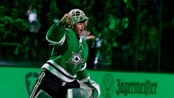 May 7, 2022; Dallas, Texas, USA; Dallas Stars goaltender Jake Oettinger (29) celebrates after the win over the Calgary Flames in game three of the first round of the 2022 Stanley Cup Playoffs at American Airlines Center. Oettinger is named the number two star. Mandatory Credit: Jerome Miron-USA TODAY Sports