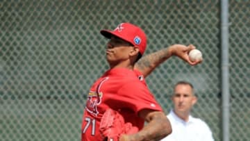 Feb 18, 2016; Jupiter, FL, USA; St. Louis Cardinals pitcher J.C. Sulbaran (71) warms up during pitching drills at Roger Dean Stadium. Mandatory Credit: Steve Mitchell-USA TODAY Sports