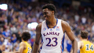 Nov 10, 2022; Lawrence, Kansas, USA; Kansas Jayhawks center Ernest Udeh Jr. (23) reacts after scoring during the second half against the North Dakota State Bison at Allen Fieldhouse. Mandatory Credit: Jay Biggerstaff-USA TODAY Sports