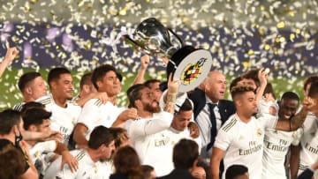 MADRID, SPAIN - JULY 16: Sergio Ramos the Madrid captain lifts the La Liga trophy during the Liga match between Real Madrid CF and Villarreal CF at Estadio Alfredo Di Stefano on July 16, 2020 in Madrid, Spain. (Photo by Denis Doyle/Getty Images)