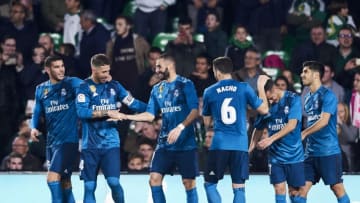 SEVILLE, SPAIN - FEBRUARY 18: Karim Benzema of Real Madrid celebrates after scoring his team's fifth goal during the La Liga match between Real Betis and Real Madrid at Benito Villamrin stadium on February 18, 2018 in Seville, Spain. (Photo by Aitor Alcalde/Getty Images)