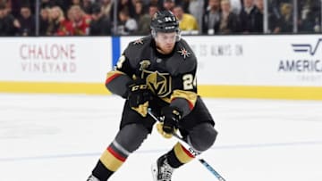LAS VEGAS, NV - OCTOBER 24: Oscar Lindberg #24 of the Vegas Golden Knights skates with the puck against the Chicago Blackhawks during the game at T-Mobile Arena on October 24, 2017 in Las Vegas, Nevada. (Photo by Jeff Bottari/NHLI via Getty Images)