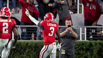 ATHENS, GA - NOVEMBER 4: Kamari Lassiter #3 of the Georgia Bulldogs celebrates his interception during a game between University of Missouri and University of Georgia at Sanford Stadium on November 4, 2023 in Athens, Georgia. (Photo by Steve Limentani/ISI Photos/Getty Images)