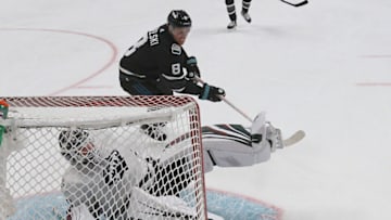 SAN JOSE, CALIFORNIA - JANUARY 26: Devan Dubnyk #40 of the Minnesota Wild makes the stop on Joe Pavelski #8 of the San Jose Sharks during the 2019 Honda NHL All-Star Game at SAP Center on January 26, 2019 in San Jose, California. (Photo by Bruce Bennett/Getty Images)