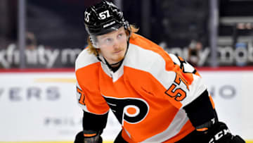 May 4, 2021; Philadelphia, Pennsylvania, USA; Philadelphia Flyers right wing Wade Allison (57) against the Pittsburgh Penguins at Wells Fargo Center. Mandatory Credit: Eric Hartline-USA TODAY Sports