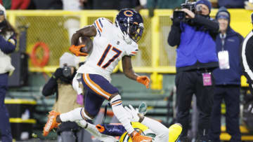 Dec 12, 2021; Green Bay, Wisconsin, USA; Chicago Bears wide receiver Jakeem Grant Sr. (17) rushes for a touchdown after catching a pass during the second quarter against the Green Bay Packers at Lambeau Field. Mandatory Credit: Jeff Hanisch-USA TODAY Sports