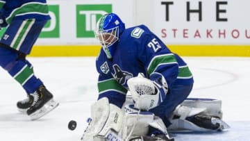 Goaltender Jacob Markstrom #25 of the Vancouver Canucks makes a save against the Chicago Blackhawks during the third period at Rogers Arena on Febr(Photo by Ben Nelms/Getty Images
