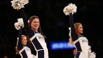 NEW YORK, NY - MARCH 09: Butler Bulldogs cheerleaders perform during a time out in the game between the Xavier Musketeers and the Butler Bulldogs during the Big East Basketball Tournament - Quarterfinals at Madison Square Garden on March 9, 2017 in New York City. (Photo by Mike Stobe/Getty Images)