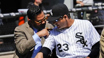 May 23, 2015; Chicago, IL, USA; Chicago White Sox manager Robin Ventura (right) and former manager Ozzie Guillen chat during a ceremony on the day that the number of Paul Konerko was retired at U.S Cellular Field. Mandatory Credit: Matt Marton-USA TODAY Sports