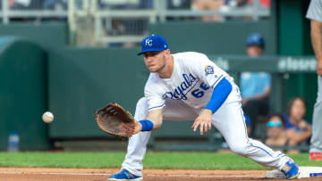 Kansas City Royals first baseman Ryan O'Hearn (66) reaches for a throw during the MLB interleague game against the St. Louis Cardinals on August 11, 2018 at Kauffman Stadium in Kansas City, Missouri. (Photo by William Purnell/Icon Sportswire via Getty Images)