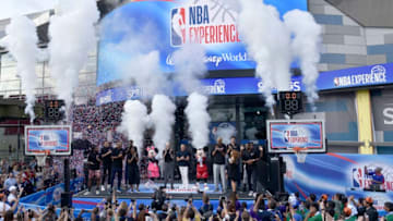 LAKE BUENA VISTA, FL - AUGUST 12: NBA Commissioner Adam Silver, Disney CEO Bob Iger, Mike Conley of the Utah Jazz, Aaron Gordon of the Orlando Magic, Former WNBA Player Swin Cash,, NBA Legend Grant Hill, ESPN Talent Rachel Nichols,NBA Legend Kareem Abdul-Jabbar,NBA Legend Dwyane Wade, Brook Lopez and Victor Oladipo of the Orlando Magic pos for a photo during the grand opening of NBA Experience on August 12, 2019 in Lake Buena Vista, Florida. NOTE TO USER: User expressly acknowledges and agrees that, by downloading and/or using this photograph, user is consenting to the terms and conditions of the Getty Images License Agreement. Mandatory Copyright Notice: Copyright 2019 NBAE (Photo by Gary Bassing/NBAE via Getty Images)