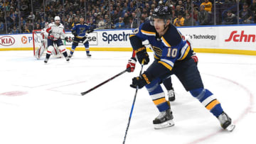ST. LOUIS, MO - April 02: St. Louis Blues center Brayden Schenn (10) skates with the puck during a NHL game between the Washington Capitals and the St. Louis Blues on April 02, 2018, at Scottrade Certer, St. Louis, MO. Washington won, 4-2.(Photo by Keith Gillett/Icon Sportswire via Getty Images).