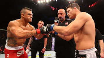 SAO PAULO, BRAZIL - JANUARY 19: (L-R) Opponents Vitor Belfort and Michael Bisping face off before in their middleweight fight at the UFC on FX event on January 19, 2013 at Ibirapuera Gymnasium in Sao Paulo, Brazil. (Photo by Josh Hedges/Zuffa LLC/Zuffa LLC via Getty Images)