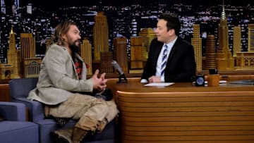NEW YORK, NY - JANUARY 22: Jason Momoa and host Jimmy Fallon during a segment on "The Tonight Show Starring Jimmy Fallon" at Rockefeller Center on January 22, 2018 in New York City. (Photo by Jamie McCarthy/Getty Images)