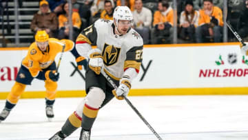 NASHVILLE, TN - NOVEMBER 27: Shea Theodore #27 of the Vegas Golden Knights skates against the Nashville Predators at Bridgestone Arena on November 27, 2019 in Nashville, Tennessee. (Photo by John Russell/NHLI via Getty Images)