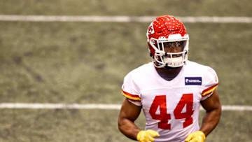 Feb 4, 2021; Kansas City, MO, USA; Kansas City Chiefs linebacker Dorian O'Daniel during practice as they prepare for Super Bowl LV against the Tampa Bay Buccaneers. Mandatory Credit: Steve Sanders/Handout Photo via USA TODAY Sports