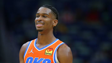 Shai Gilgeous-Alexander #2 of the Oklahoma City Thunder reacts against the New Orleans Pelicans during a game at the Smoothie King Center on November 10, 2021 in New Orleans, Louisiana. NOTE TO USER: User expressly acknowledges and agrees that, by downloading and or using this Photograph, user is consenting to the terms and conditions of the Getty Images License Agreement. (Photo by Jonathan Bachman/Getty Images)