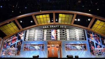A general view of the first round draft board at the conclusion of the first round of the 2012 NBA Draft at the Prudential Center. This year's draft is being held in Brooklyn. Mandatory Credit: Jerry Lai-USA TODAY Sports