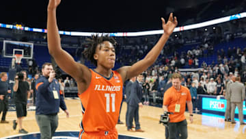 UNIVERSITY PARK, PA - FEBRUARY 18: Ayo Dosunmu #11 of the Illinois Fighting Illini celebrates a win after a college basketball game against the Penn State Nittany Lions at the Bryce Jordan Center on February 18, 2020 in University Park, Pennsylvania. (Photo by Mitchell Layton/Getty Images)