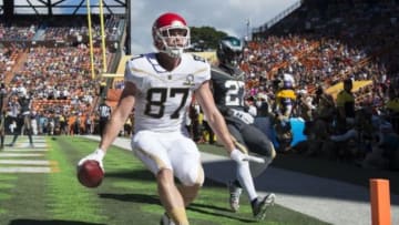 January 31, 2016; Honolulu, HI, USA; Team Rice tight end Travis Kelce of the Kansas City Chiefs (87) catches a touchdown against Team Irvin free safety Malcolm Jenkins of the Philadelphia Eagles (27) during the first quarter of the 2016 Pro Bowl game at Aloha Stadium. Mandatory Credit: Kyle Terada-USA TODAY Sports