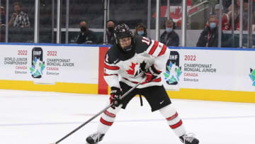 EDMONTON, ALBERTA - AUGUST 10: Logan Stankoven #10 of Canada shoots the puck against Latvia during the Group A game of the 2022 IIHF World Junior Championship at Rogers Place on August 10, 2022 in Edmonton, Alberta, Canada. (Photo by Lawrence Scott/Getty Images)