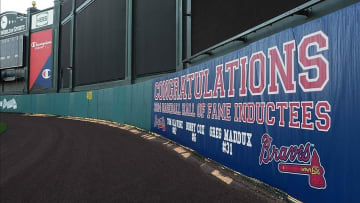 Feb 16, 2014; Lake Buena Vistas, FL, USA; A view of the Atlanta Braves banner hanging on the wall of the field at Champion Stadium. Mandatory Credit: Jonathan Dyer-USA TODAY Sports