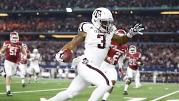 Sep 26, 2015; Arlington, TX, USA; Texas A&M Aggies receiver Christian Kirk (3) runs after a reception in the second quarter against the Arkansas Razorbacks at AT&T Stadium. Mandatory Credit: Matthew Emmons-USA TODAY Sports