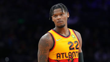 PHILADELPHIA, PA - DECEMBER 23: Cam Reddish #22 of the Atlanta Hawks looks on against the Philadelphia 76ers at the Wells Fargo Center on December 23, 2021 in Philadelphia, Pennsylvania. The Hawks defeated the 76ers 98-96. NOTE TO USER: User expressly acknowledges and agrees that, by downloading and or using this photograph, User is consenting to the terms and conditions of the Getty Images License Agreement. (Photo by Mitchell Leff/Getty Images)