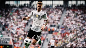 LEVERKUSEN, GERMANY - JUNE 08: (EDITORS NOTE: Image has been processed using a digital filter) Marco Reus of Germany in action during the International Friendly match between Germany and Saudi Arabia at BayArena on June 8, 2018 in Leverkusen, Germany. (Photo by Alexander Scheuber/Bongarts/Getty Images)