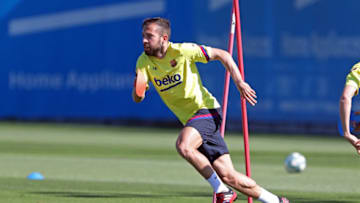 BARCELONA, SPAIN - MAY 20: In this handout provided by FC Barcelona, Jordi Alba of FC Barcelona runs during a training session at Ciutat Esportiva Joan Gamper on May 20, 2020 in Barcelona, Spain. Spanish LaLiga clubs are back training in groups of up to 10 players following the LaLiga's 'Return to Training' protocols. (Photo by FC Barcelona/Handout via Getty Images)