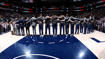 SALT LAKE CITY, UT - NOVEMBER 7: the Utah Jazz stand for the national anthem before the game against the Philadelphia 76ers on November 7, 2017 at Vivint.SmartHome Arena in Salt Lake City, Utah. Copyright 2017 NBAE (Photo by Melissa Majchrzak/NBAE via Getty Images)