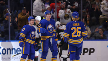 Nov 8, 2022; Buffalo, New York, USA; Buffalo Sabres right wing Tage Thompson (72) celebrates his goal with teammates during the first period against the Arizona Coyotes at KeyBank Center. Mandatory Credit: Timothy T. Ludwig-USA TODAY Sports